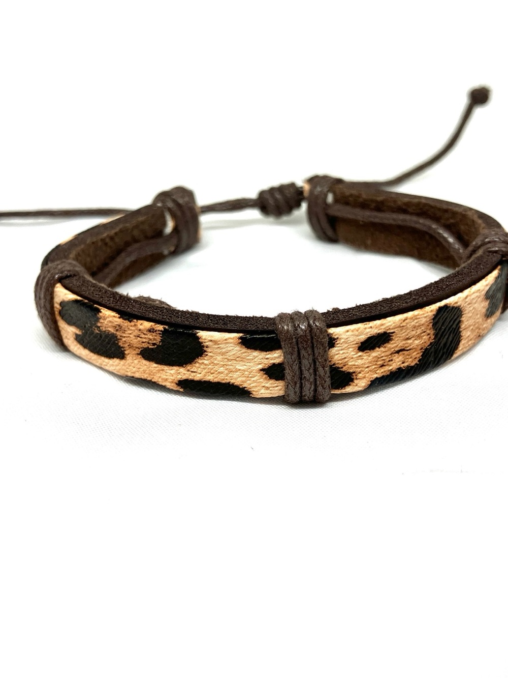 Leather Leopard Print Adjustable Bracelet - Brown